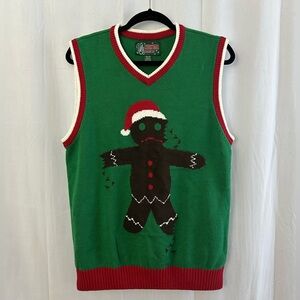 Ugly Christmas Sweater Green V-Neck with Festive Gingerbread